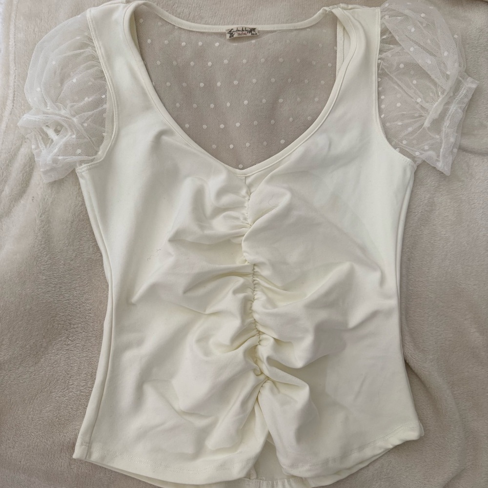 🤍 Free People Ruched Puff Sleeve Mesh Top Cream/Ivory  🤍